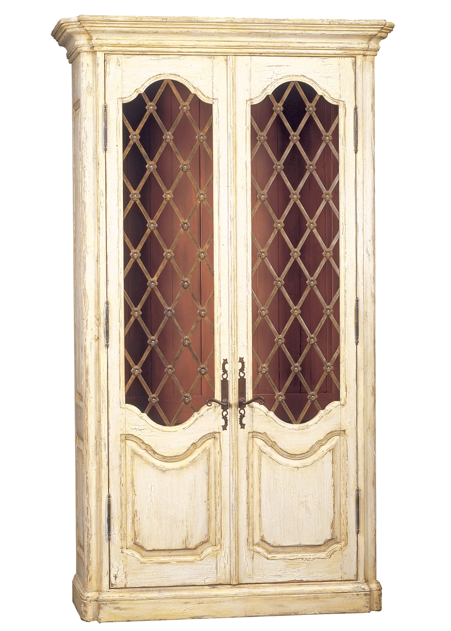 Verona traditional antiqued distressed cabinet armoire with metal grille in two doors by Woodland Furniture in Idaho Falls