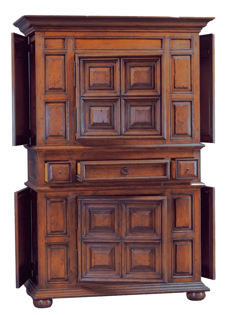 Mateus traditional cabinet armoire with bun feet, front and side storage doors by Woodland furniture in Idaho Falls USA