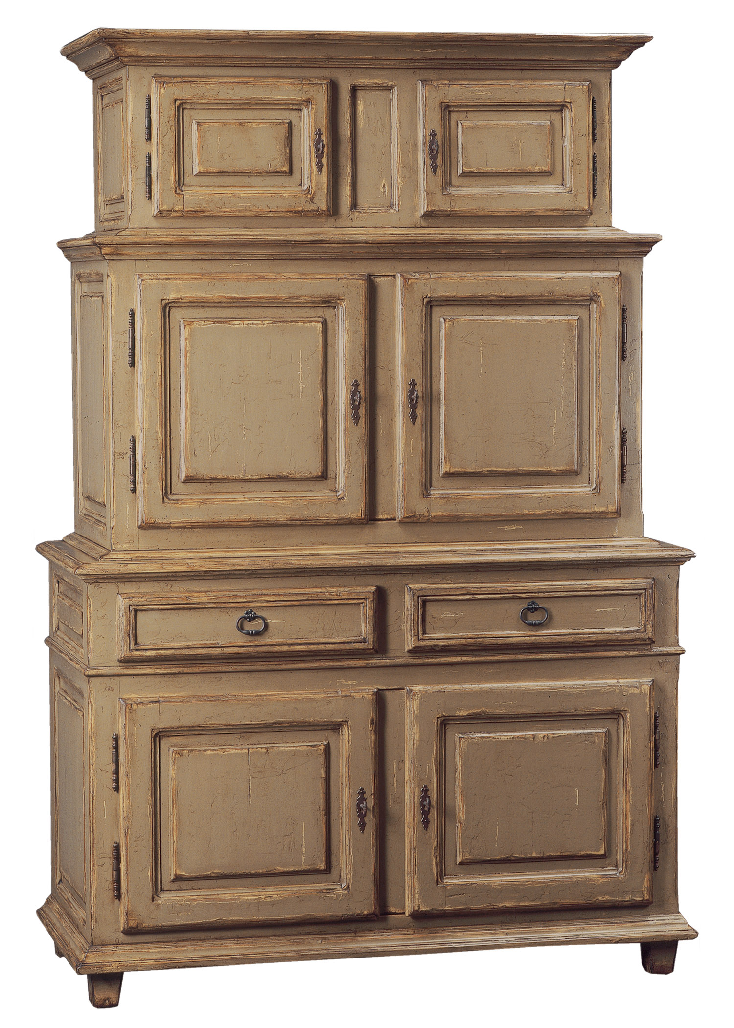 Hildenbrand stacked traditional cabinet with six doors and two drawers in a distressed painted finish by Woodland furniture in Idaho Falls