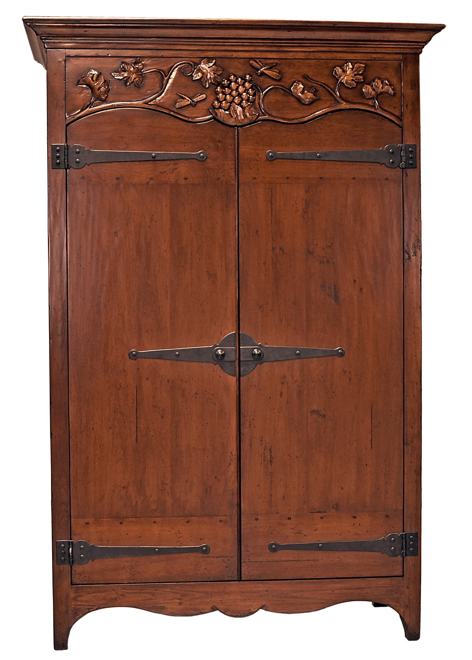 Leandro traditional armoire cabinet with hand-carved detail and decorative hinges on two doors by Woodland furniture in Idaho Falls