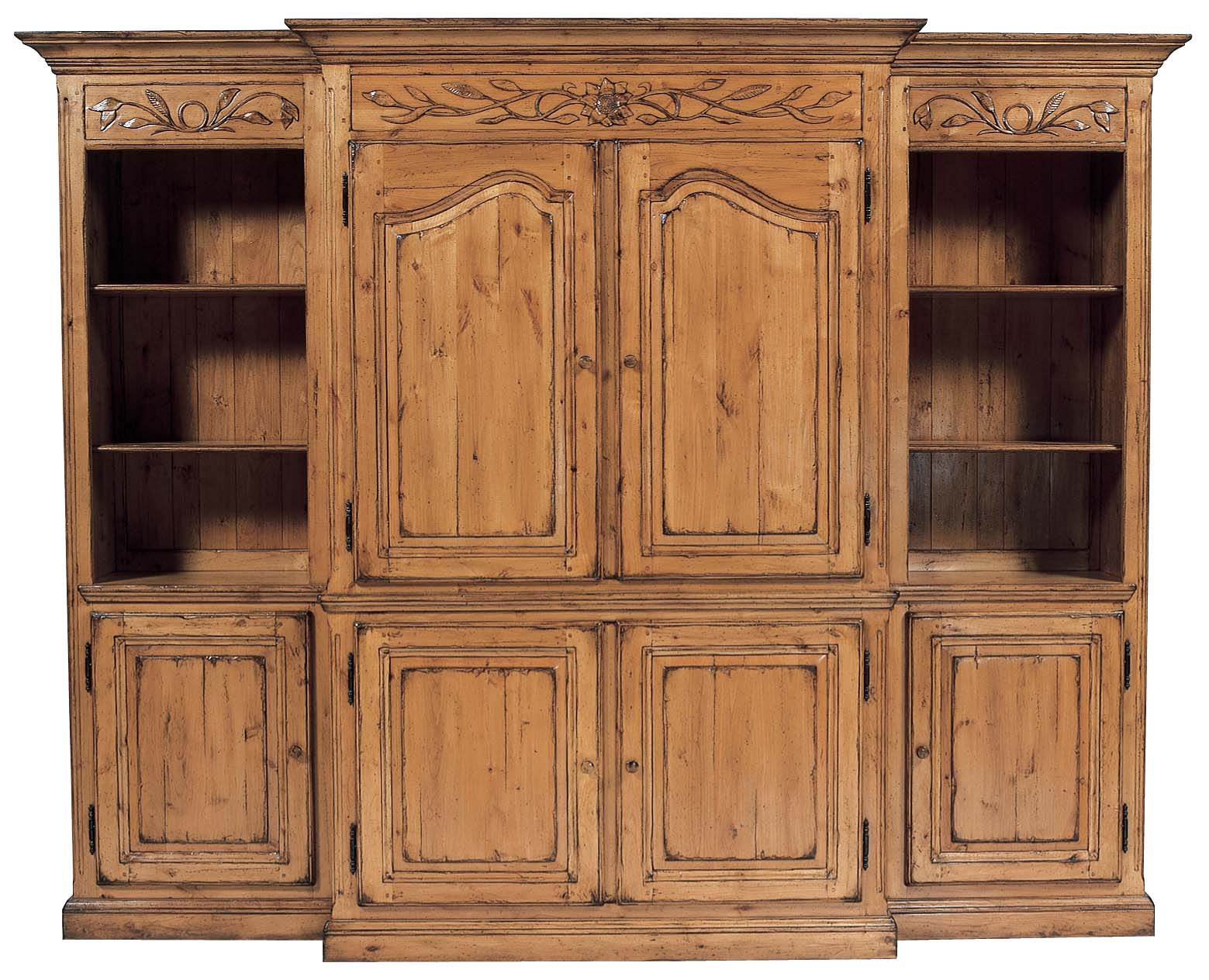 Traditional Cartwright farmhouse rustic media entertainment center armoire with carved motif by Woodland Furniture in Idaho Falls