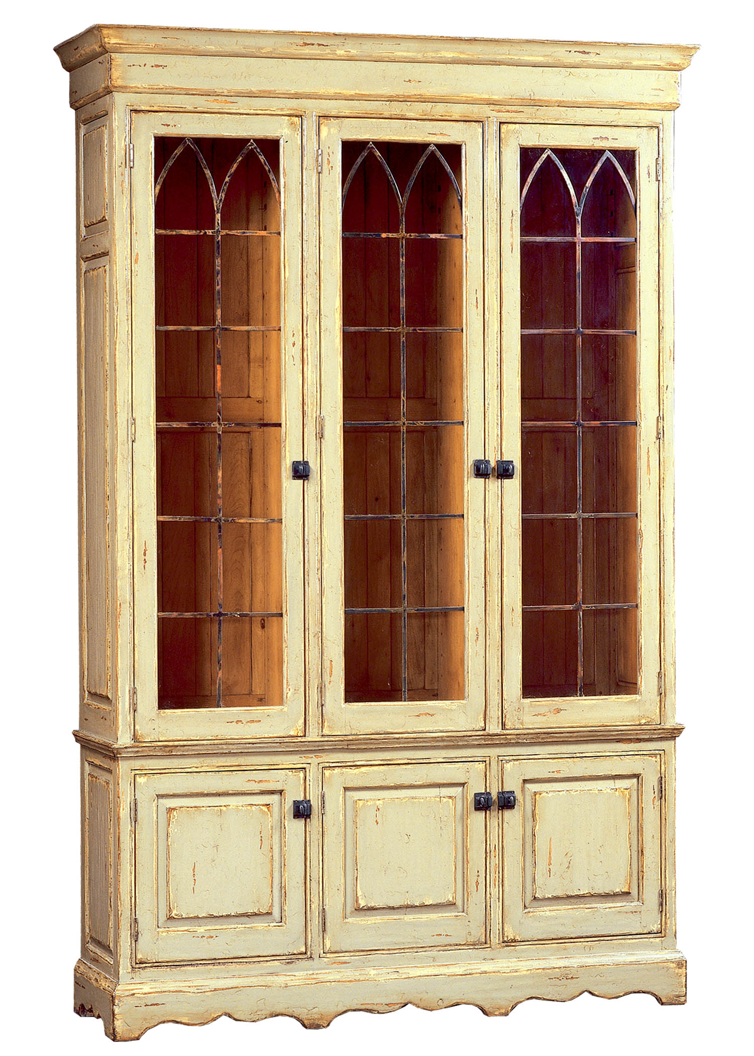 Evehsam traditional farmhouse country hutch storage display cabinet with gothic arch detail by Woodland furniture in Idaho Falls