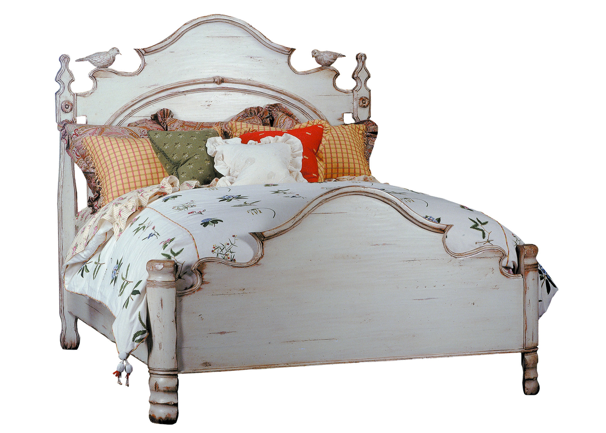 Madeline traditional farmhouse country painted distressed bed with carved bird on headboard / footboard by Woodland furniture in Idaho Falls