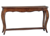 Dorsey sofa console table with curved legs , shelf, and optional laurel leaf vine carving by Woodland furniture in Idaho Falls