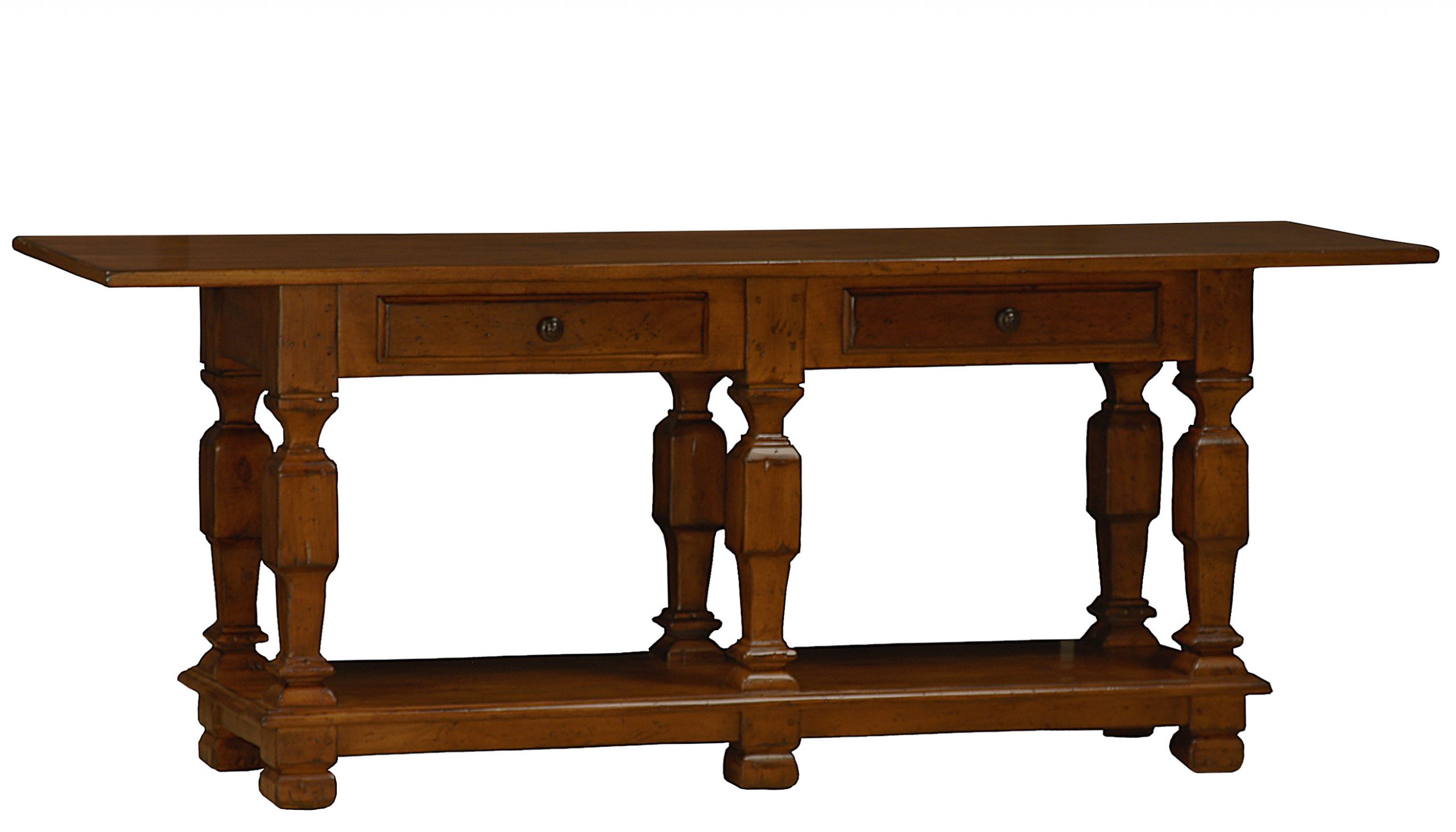 Calhoun transitional farmhouse console table sofa table with drawers and shelf by Woodland furniture in Idaho Falls