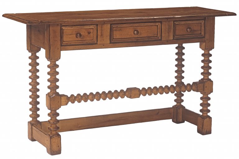 Belice traditional console sofa table with turned legs and 3 drawers by Woodland furniture in Idaho Falls