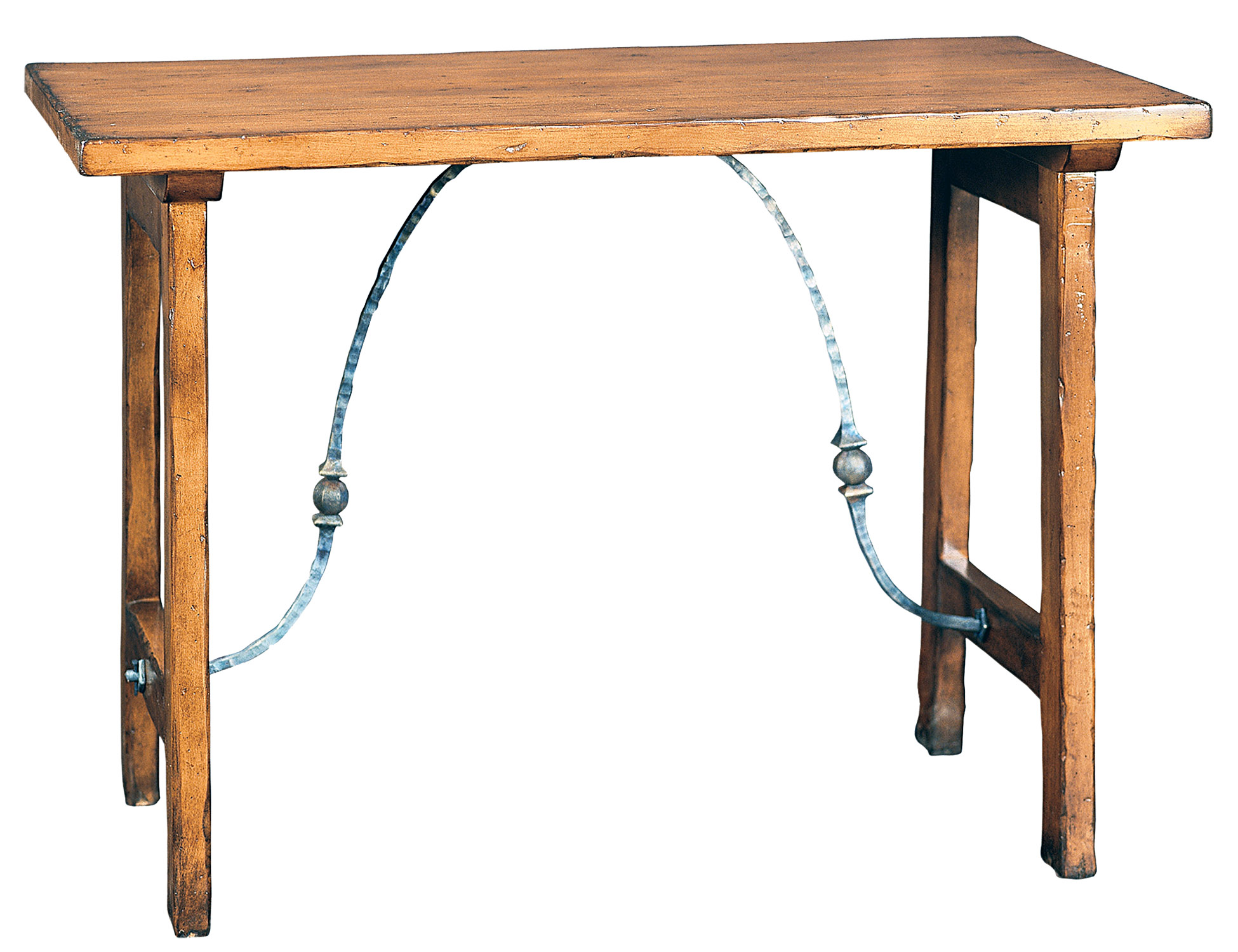 Morava transitional rustic sofa console table with metal decorative stretcher by Woodland Furniture in Idaho Falls