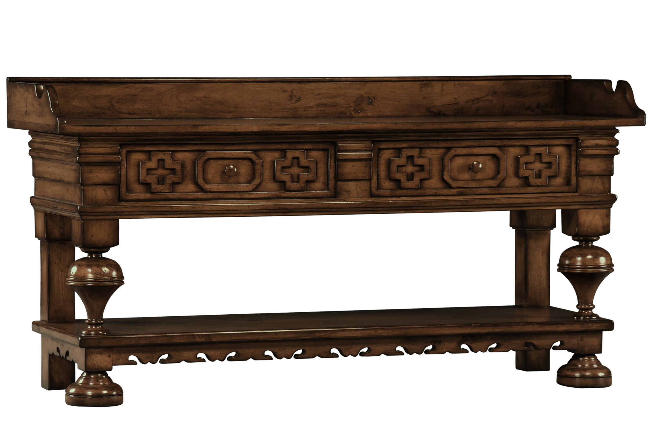 Logan decorative ornate console softa table with bottom shelf and two drawers by Woodland Furniture in Idaho Falls