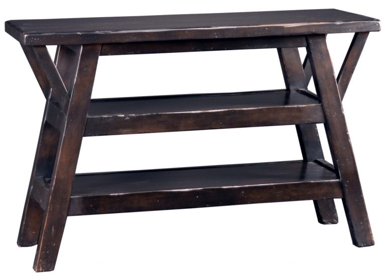 Arturo contemporary rustic modern sofa table shelves console by Woodland furniture in Idaho Falls