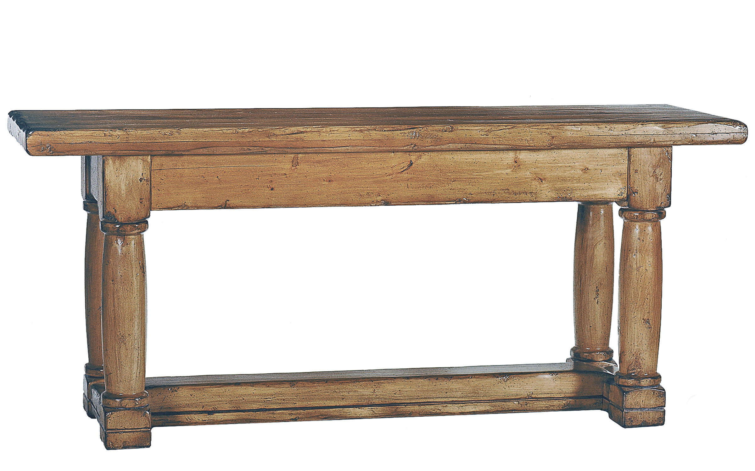 Gilbert traditional rustic console sofa table in distressed stained finish by Woodland Furniture in Idaho Falls