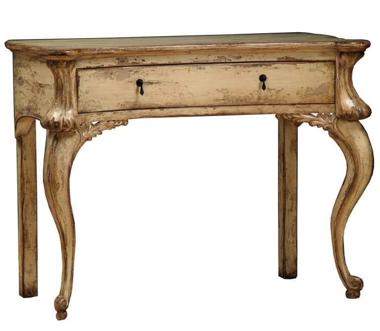 Vizcaya traditional antique french country replica console sofa table with carved detail and single drawer by Woodland furniture in Idaho Falls