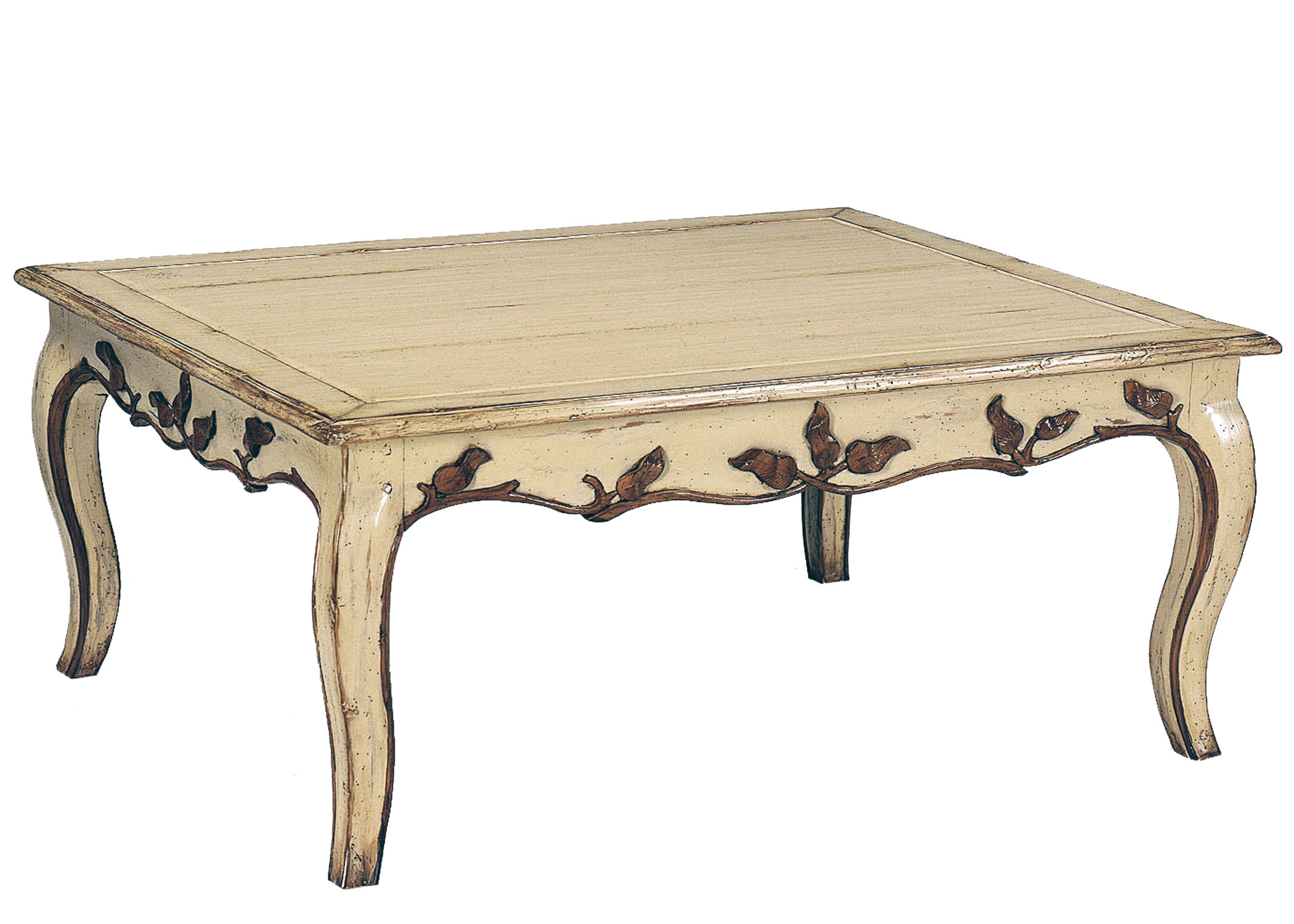 Martina traditional hand carved coffee cockatil table with leaf motif by Woodland furniture in Idaho Falls