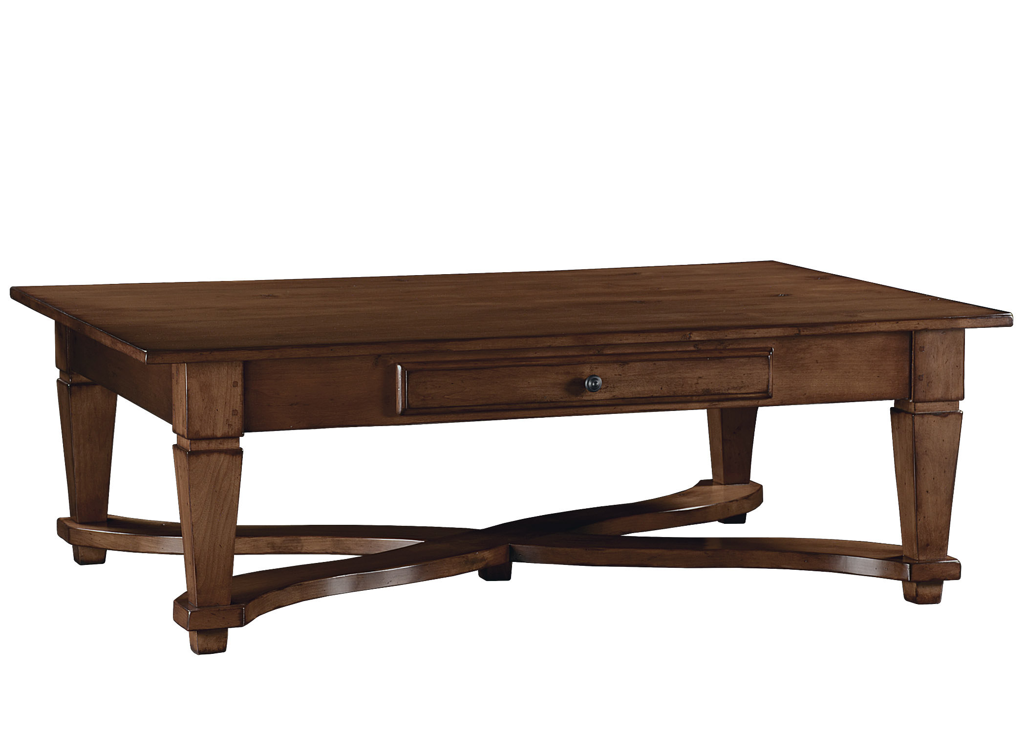 Cliveden transitional coffee cocktail table with x stretcher by Woodland furniture in Idaho Falls