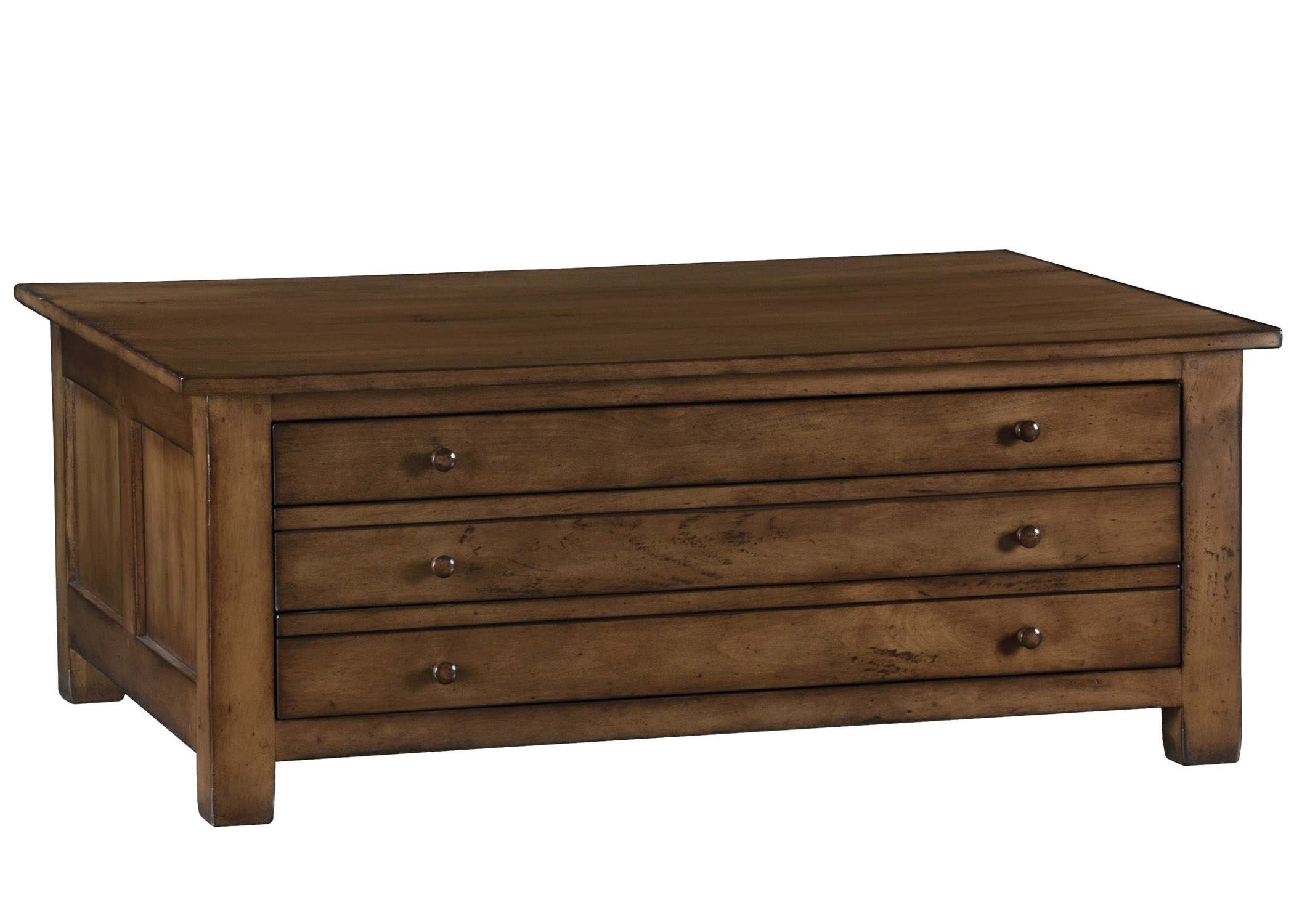 Map traditional transitional coffee cocktail table with drawers by Woodland furniture in Idaho Falls USA