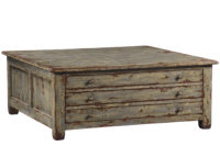 Map traditional transitional coffee cocktail table with heavy paint distressing and drawers by Woodland furniture in Idaho Falls USA