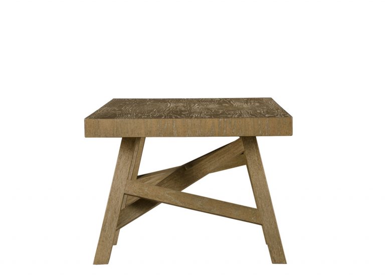 Kepler rustic modern trestle cocktail coffee table in cerused oak finish by Woodland furniture in Idaho falls
