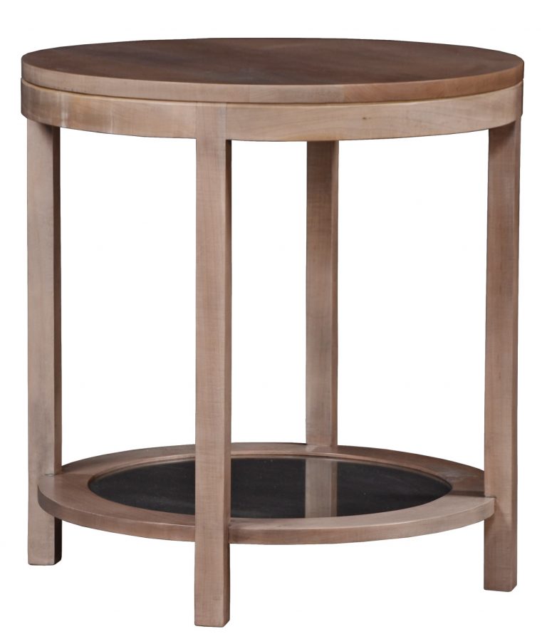 Perth transitional round modern side or end table with bottom shelf by Woodland furniture in Idaho falls