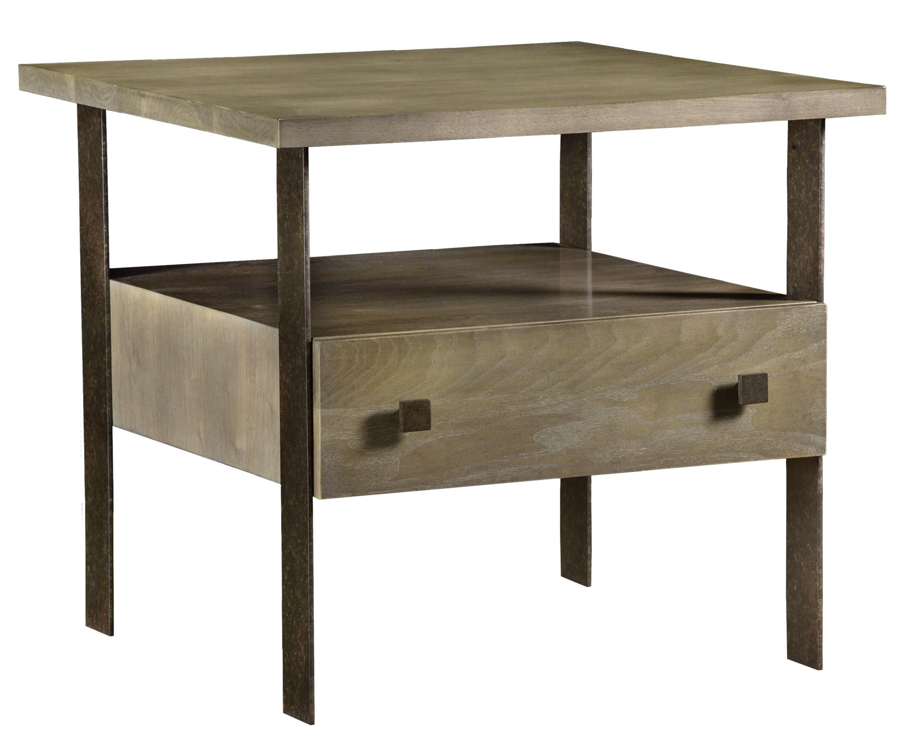 Leopold contemporary transitional industrial rustic side or end table with shelf, drawers, and metal legs by Woodland furniture in Idaho Falls