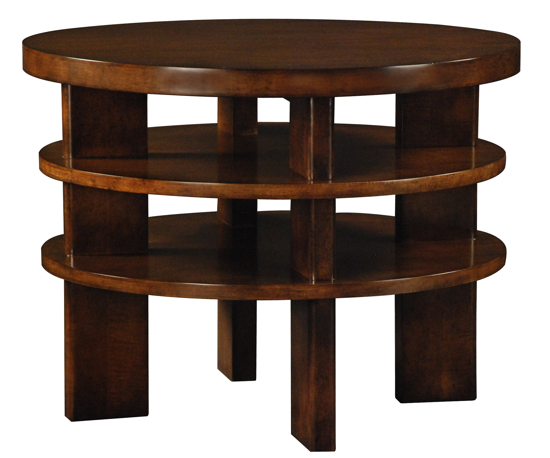 Dubois contemporary modern round side table with two lower shelves by Woodland furniture in Idaho Falls