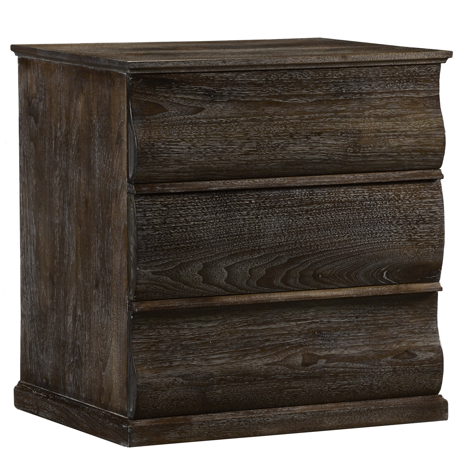 Averill transitional traditional curved front dresser chest with three drawers in a cerused walnut finish by Woodland furniture in Idaho Falls