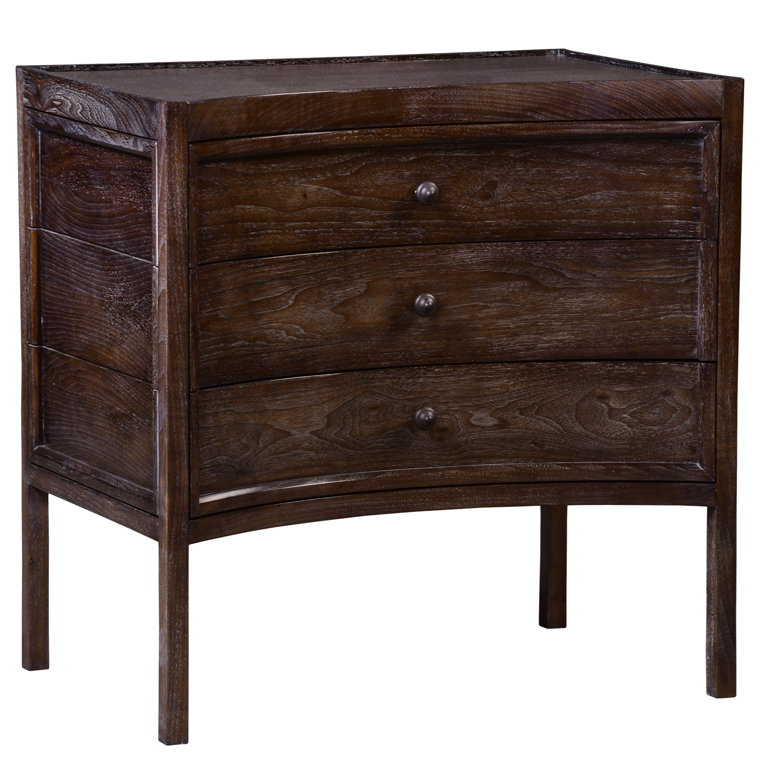 Cassidy transitional traditional chest or nightstand with curved front, three drawers, and in a cerused walnut finish by Woodland furniture in Idaho Falls