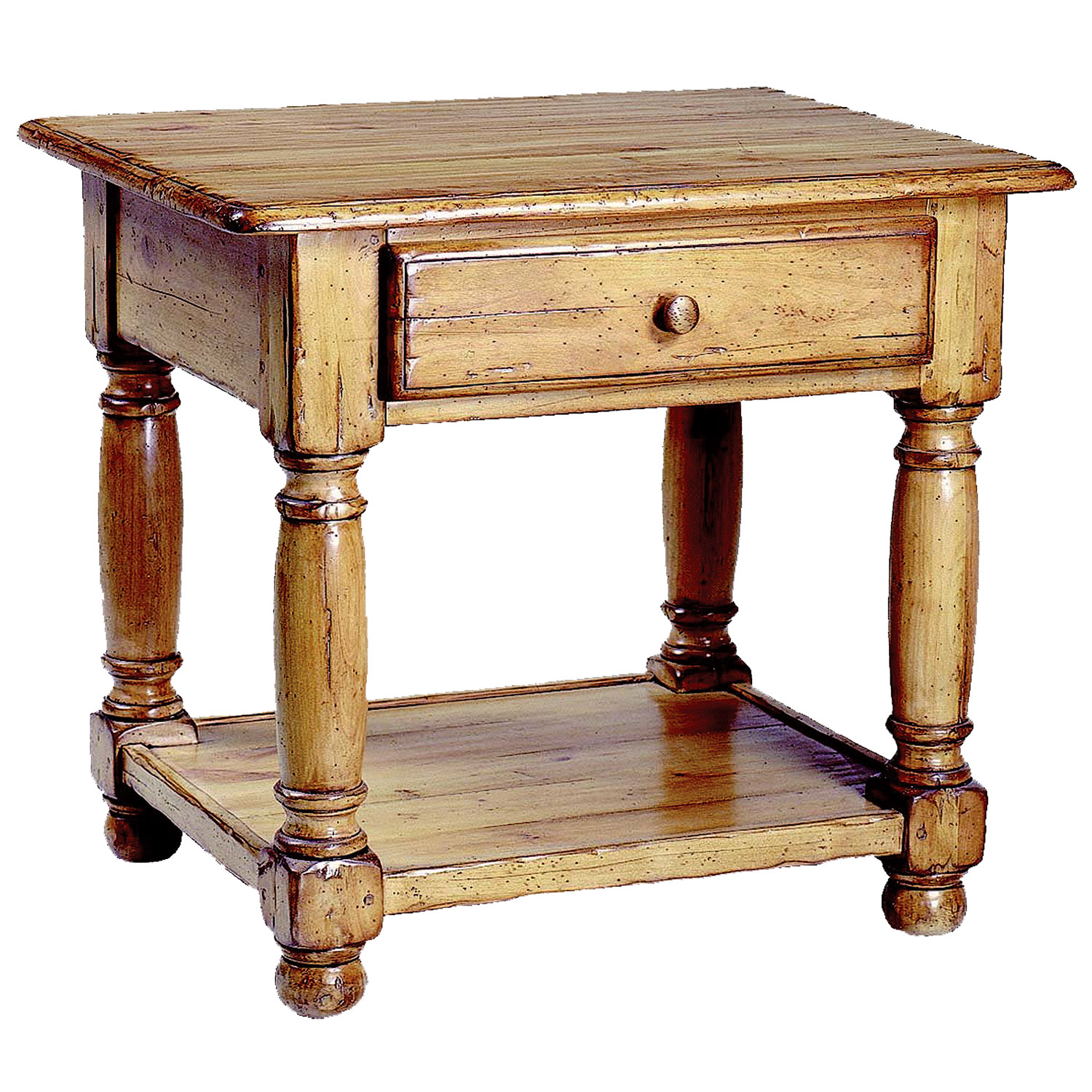 thurman traditional stained distressed side or end table with one shelf and one drawer by Woodland furniture in Idaho Falls