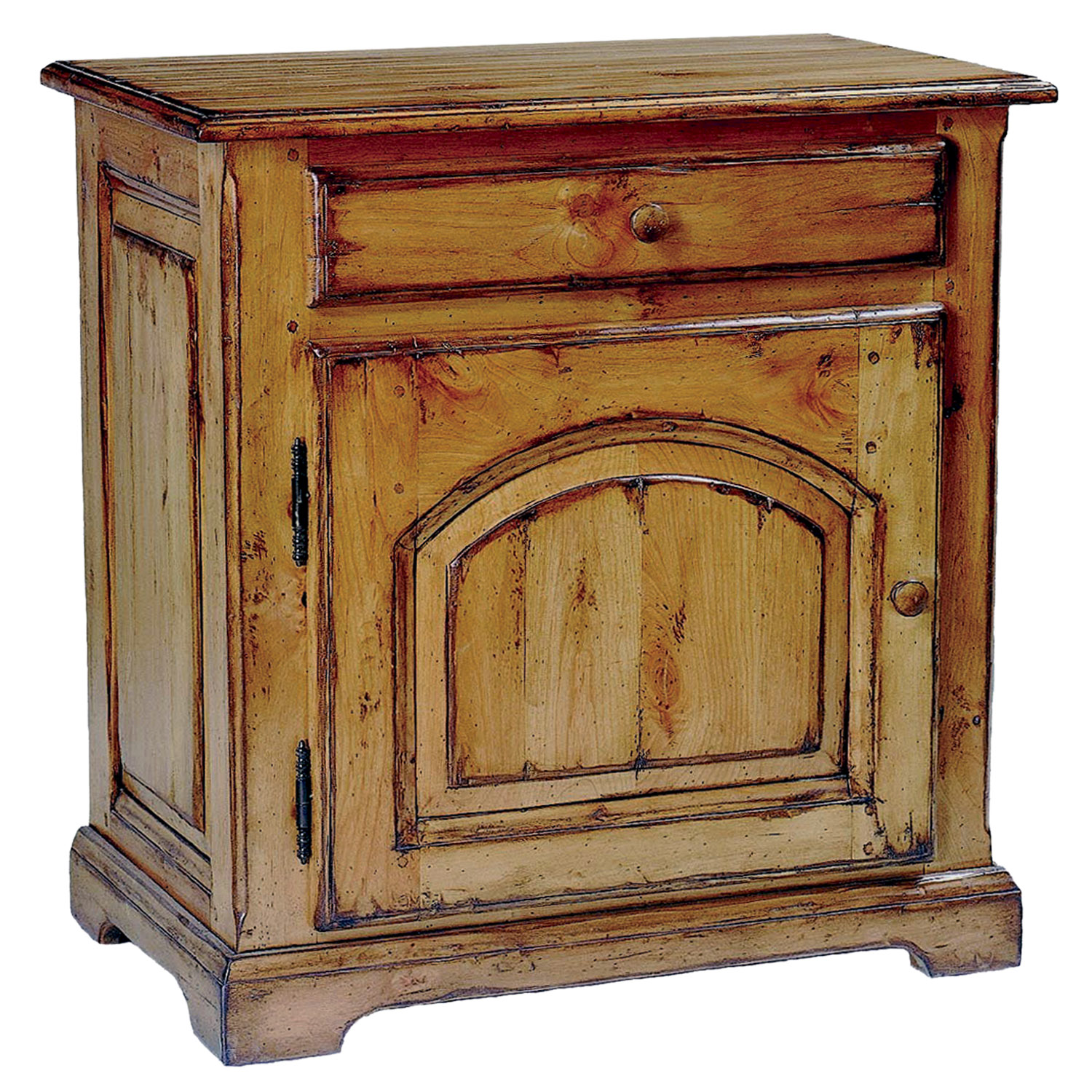 Schrifin traditional stained distressed cabinet end table side table with one door, one shelf and one drawer by Woodland furniture in Idaho Falls