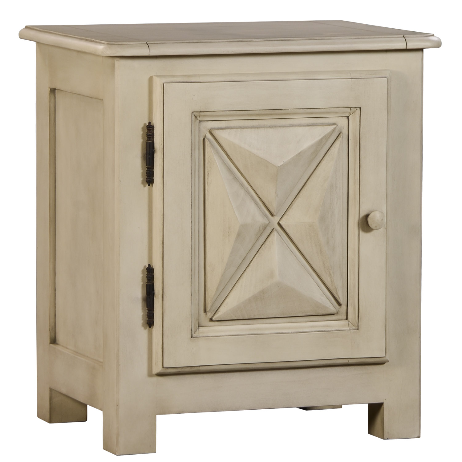 Kadina transitional traditional cabinet side table nightstand with diamond x detail pattern in one door by Woodland furniture in Idaho Falls