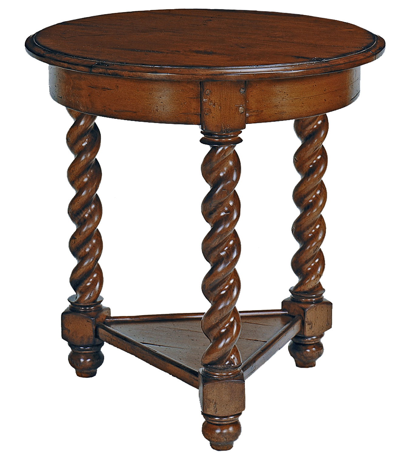 Rainier traditional round side or end table with spindle turned legs and bottom shelf by Woodland furniture in Idaho Falls