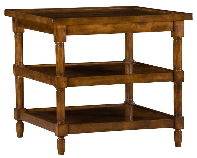 Jardine traditional transitional side table shelf with three 3 shelves by Woodland furniture in Idaho Falls