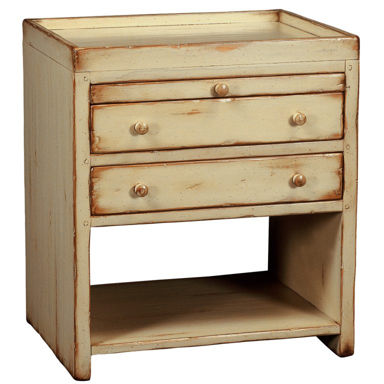 Hemet transitional modern side or end table nightstand with pull out tray, two drawers, tray top, and open shelf by Woodland furniture in Idaho Falls