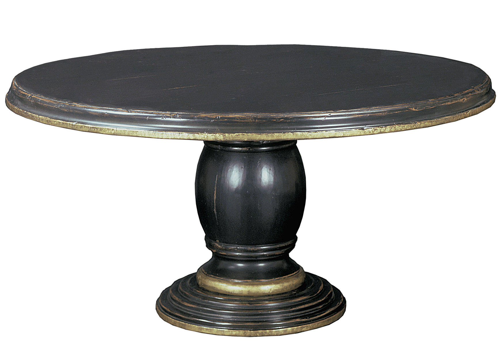 Aberdeen traditional black round pedestal dining table with metal accent gilding by Woodland furniture in Idaho Falls