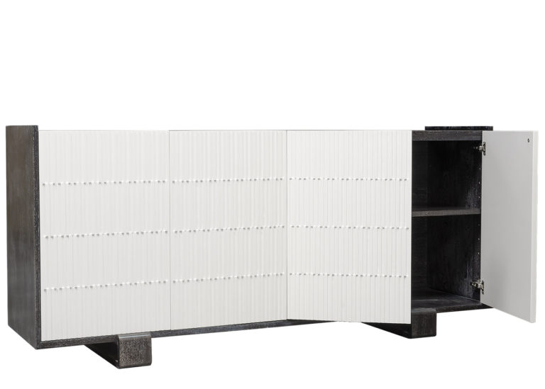 Brutalist contemporary modern lacquered white cerused walnut tv media cabinet entertainment center by Woodland furniture
