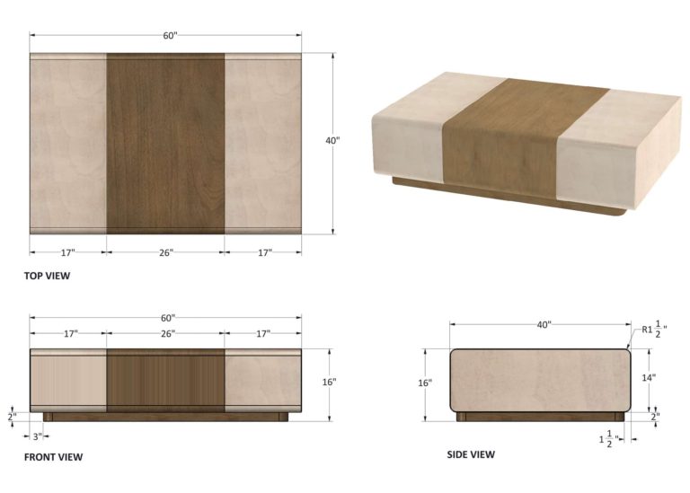 Ford contemporary mid-century modern transtional coffee or cocktail table by Woodland furniture and James Duncan Designs